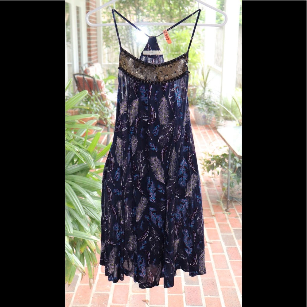 HAZEL NAVY BLUE FEATHER PRINT BOHO DRESS